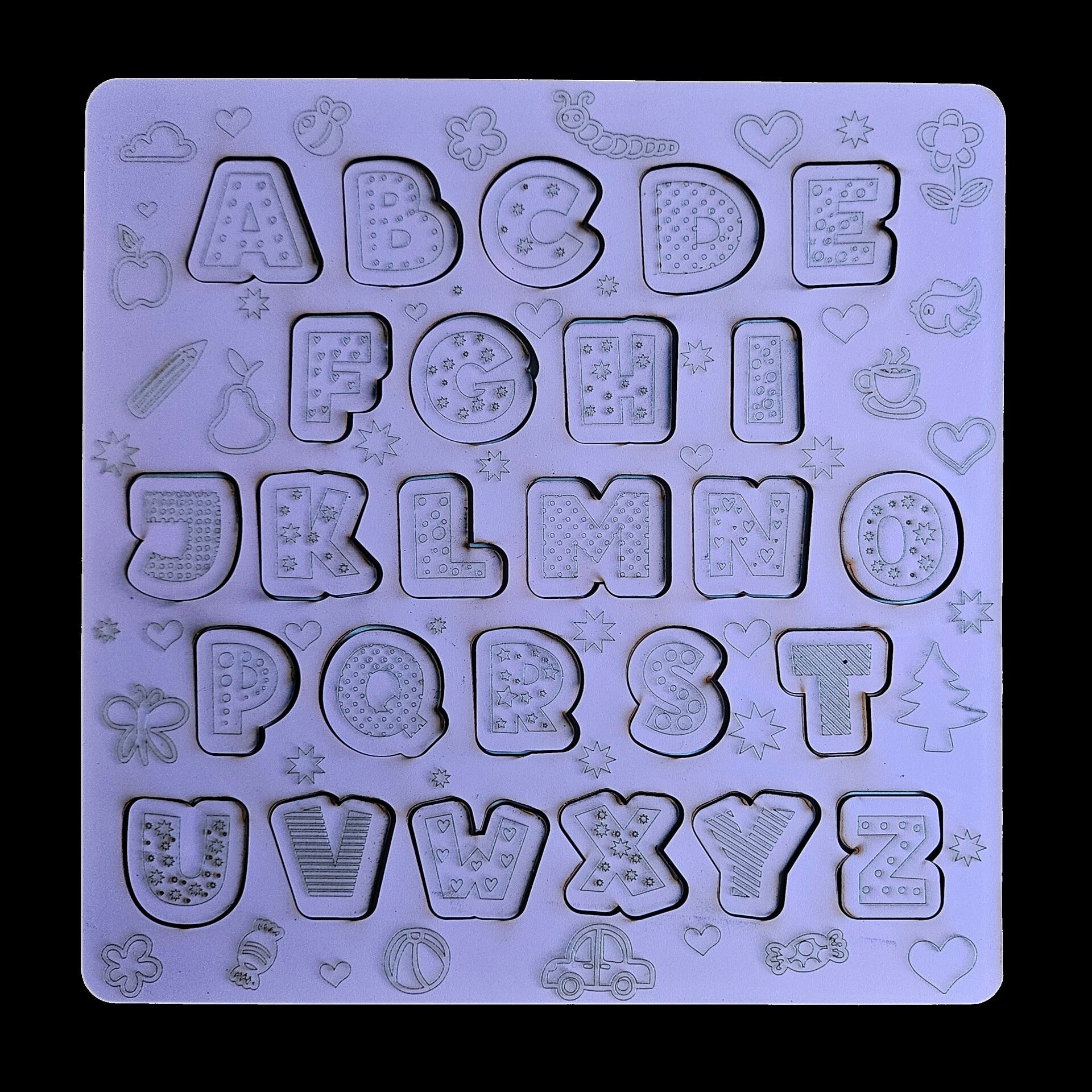 Laser cut toys, games and puzzles with various character designs and colours