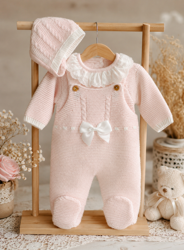 💗 Strick-Strampler Set Rosa mit Mütze & Schleife – Baby Mädchen