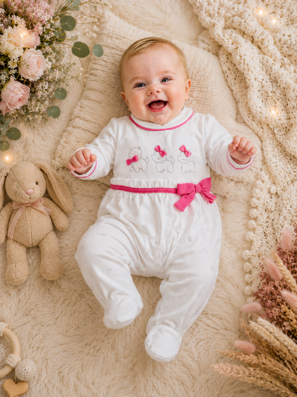 🎀 Niedlicher Baby-Strampler Weiß-Rosa mit Katzenmotiv & Schleife
