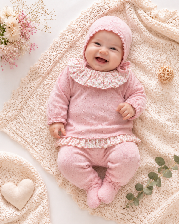 Zartes Baby-Strickset in Rosé mit Rüschenkragen und Häubchen