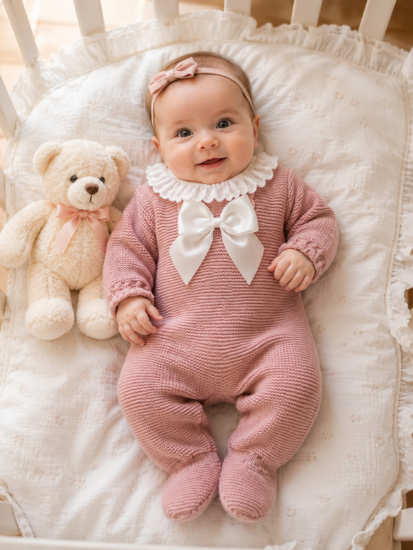 🎀 Baby Strick-Strampler Rosa mit Spitzenkragen& Schleife