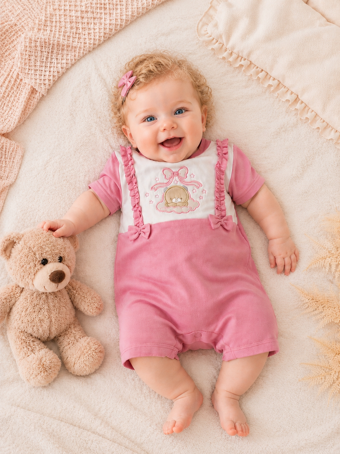 Rosa Baby-Strampler mit Bärchen-Stickerei und Schleifendetails