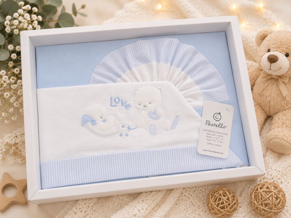 Kinderwagen Bettwäsche- Set  Hellblau -weiß