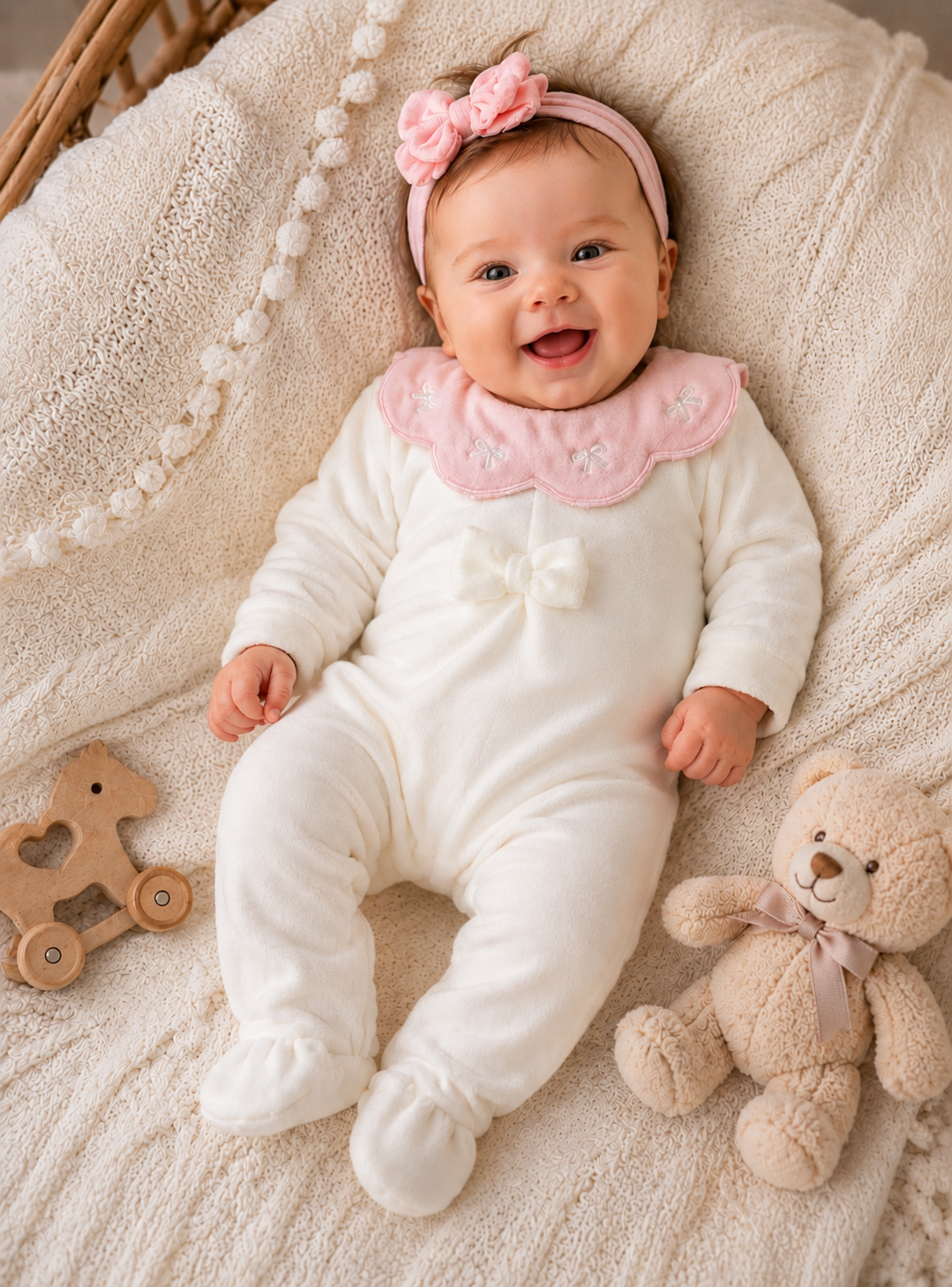 🌸 Eleganter Baby-Strampler in weiß mit Rosa Kragen & Schleife – Kuscheliger Mädchen Strampler 🌸