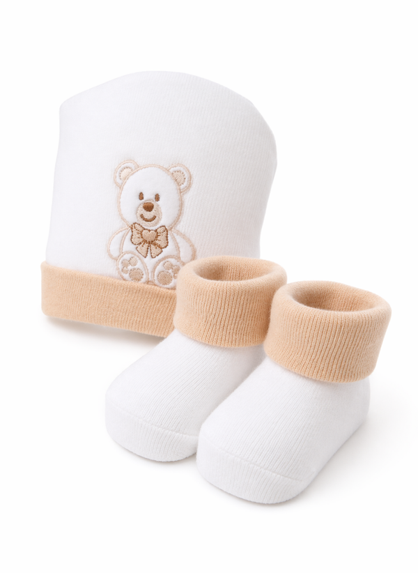 Baby Mütze & Söckchen Set mit Teddybär