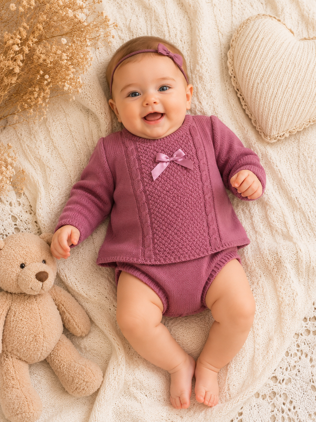 Elegantes Baby-Strickset 2-teilig mit Bloomer – Pflaume