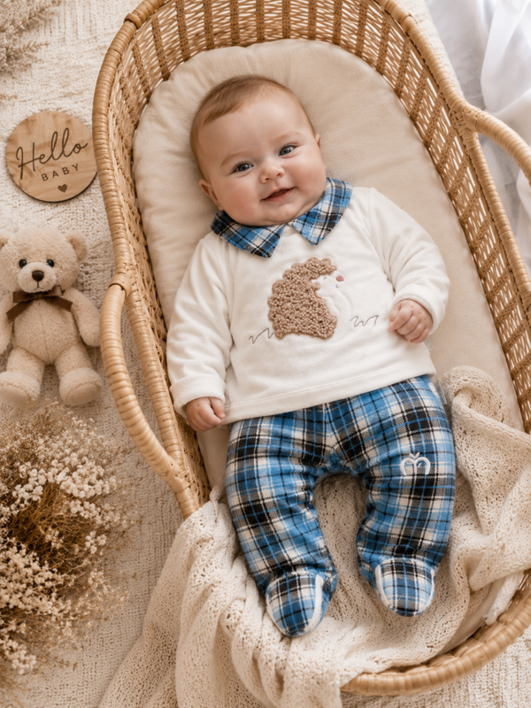 Baby 2Teiler mit Igel-Motiv & Karomuster in Blau