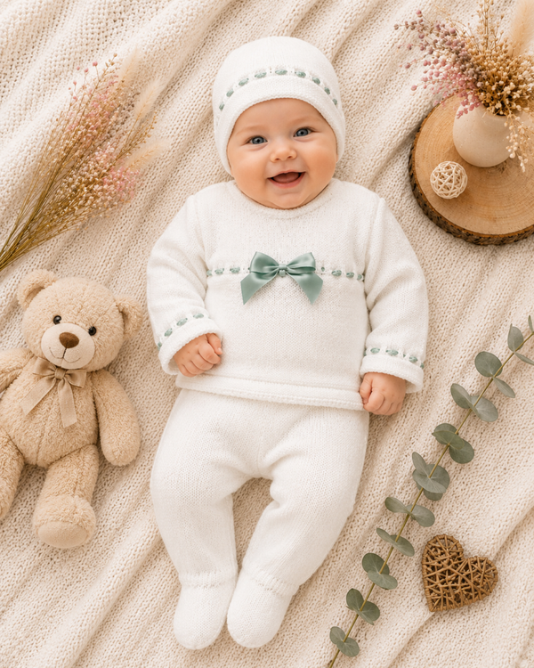 Zartes Baby-Strickset in Weiß Grün mit Häubchen