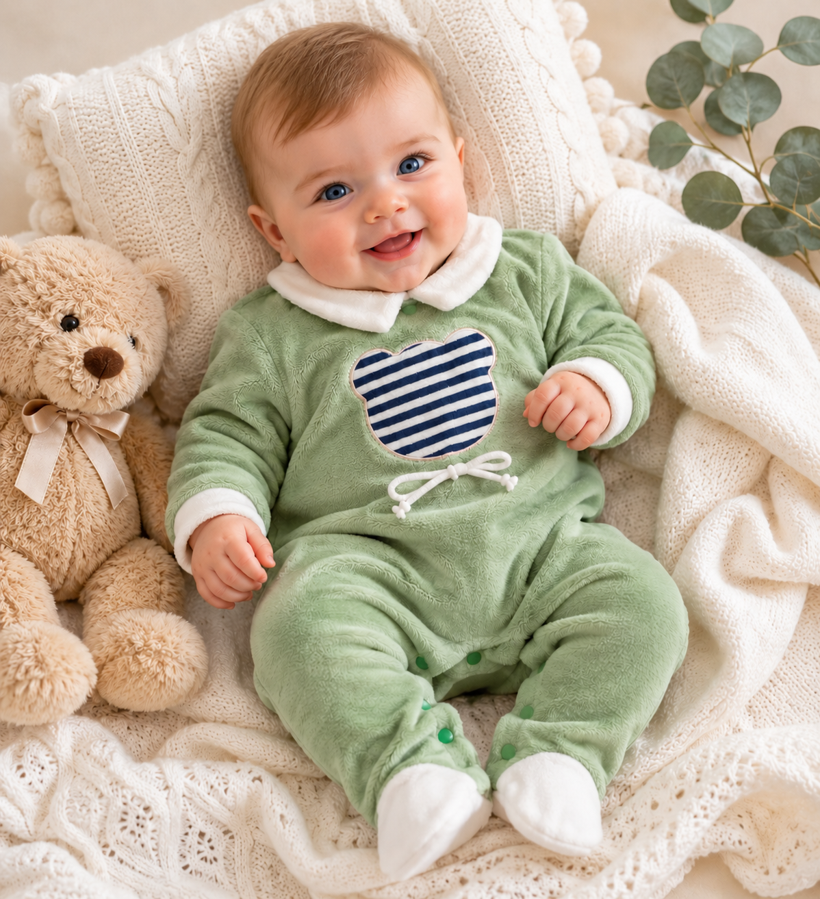 💚 Baby-Strampler in Salbeigrün –  mit Bärenmotiv