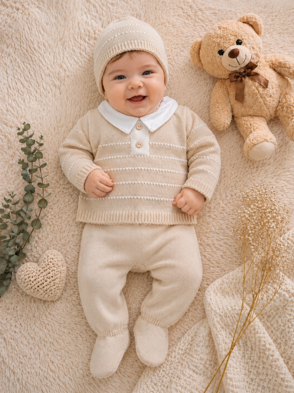 Baby-Strickset mit Mütze -Beige gestreift