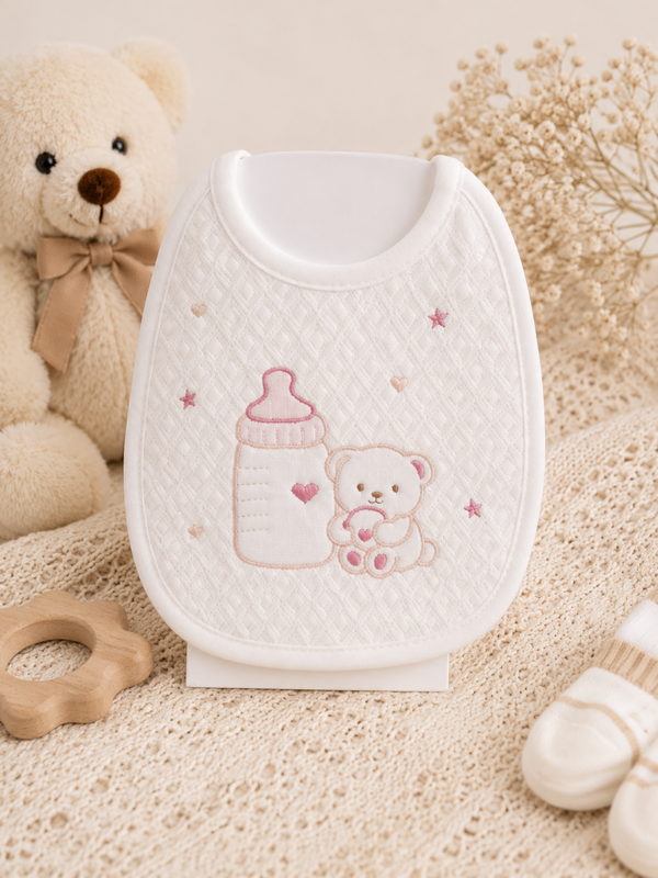 Baby-Lätzchen mit Teddybär & Fläschchen – Weiß/Rosa