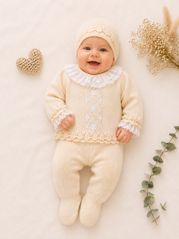 Zartes Baby-Strickset in zartem Gelb mit Rüschenkragen und Häubchen
