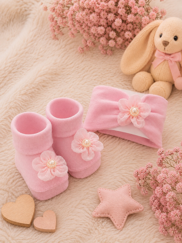 Baby Geschenkset „Blossom Pink“  Stirnband & Babyschuhe mit Blumen-Applikation