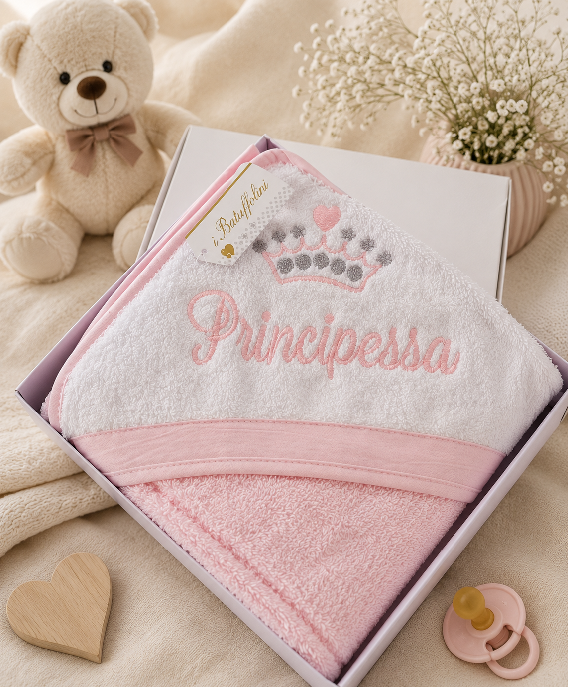 👑 Baby Kapuzenhandtuch „Principessa“ Rosa