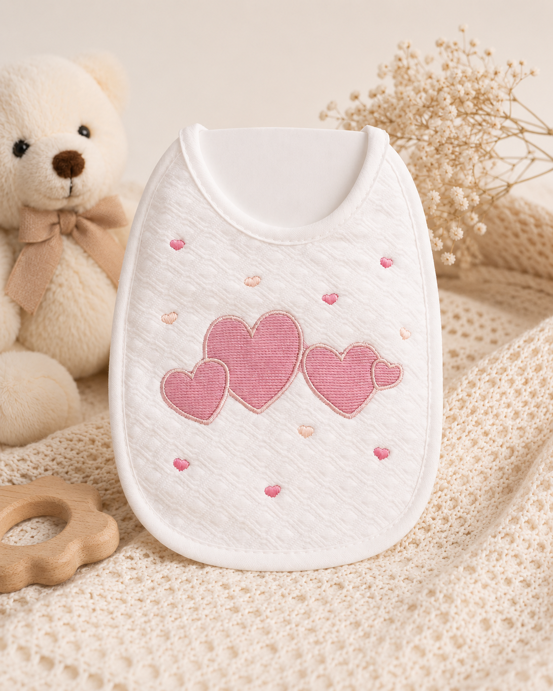 Baby-Lätzchen mit Herz-Stickerei – Weiß/Rosa