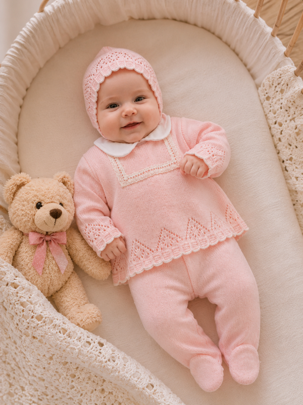 Baby Strickset „Zarte Eleganz“ – 2-teilig mit Mütze in Rosa