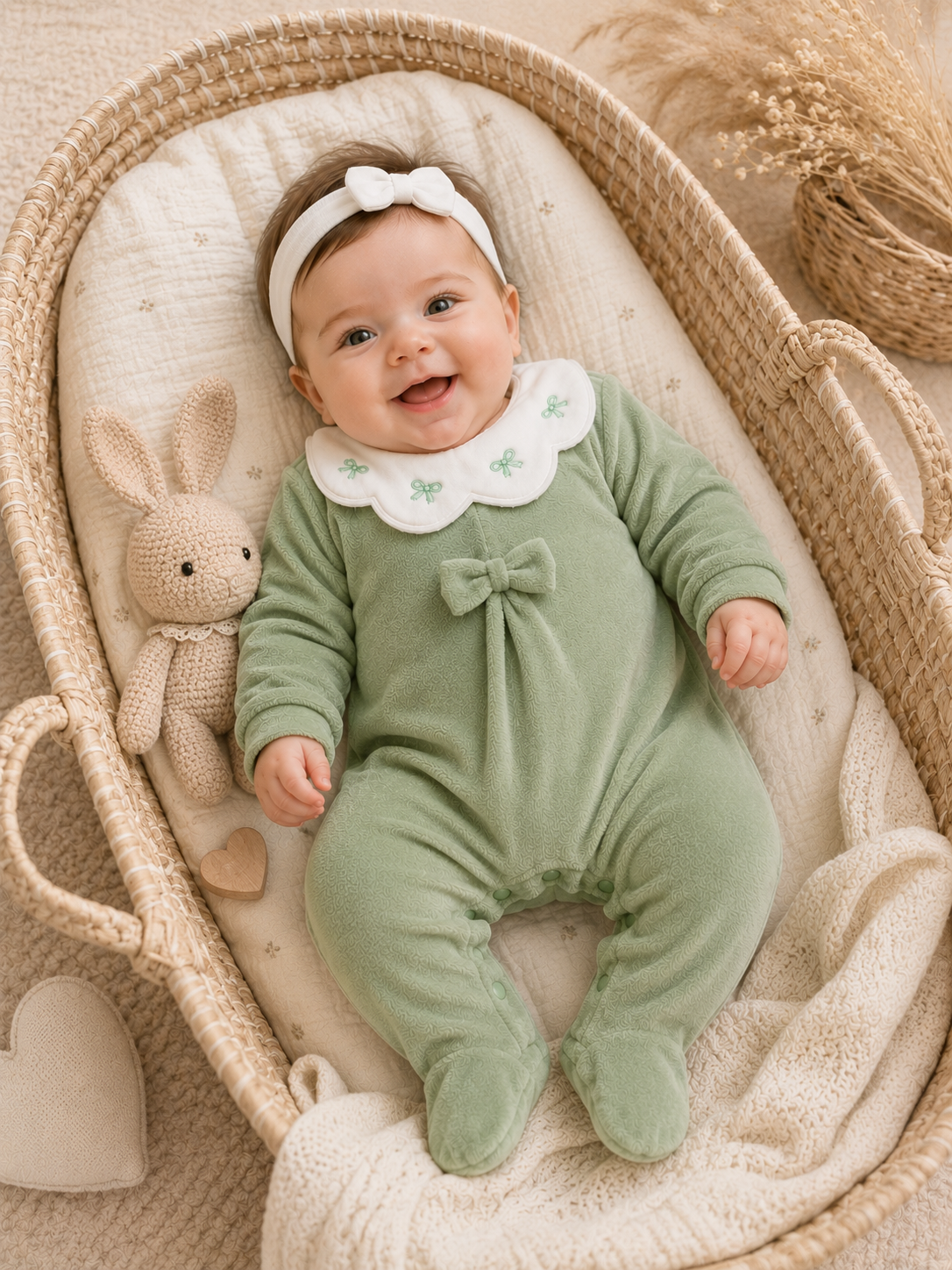 Baby -Strampler in Salbeigrün mit weißem Kragen &Schleife
