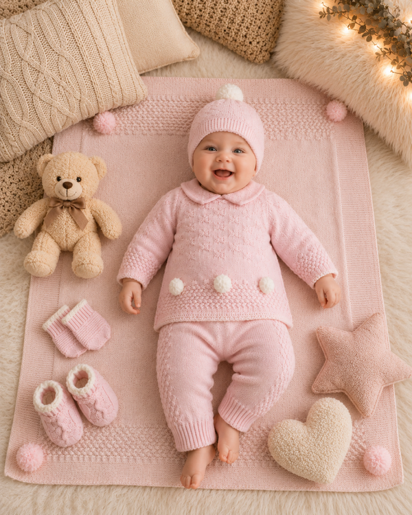 Baby Strick-Set 5-teilig – 2-Teiler mit Decke, Mütze, Handschuhen & Schuhen