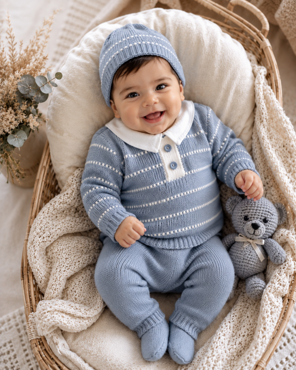 Baby Strickset 3-teilig in Grau-Blau – Pullover, Strampelhose mit Fuß & Mütze