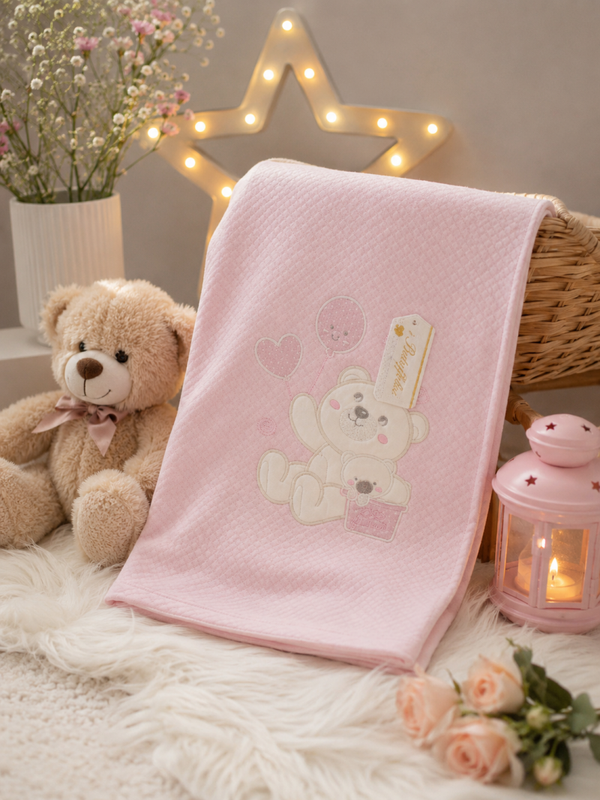 Babydecke Rosa mit Teddybär-Stickerei – 100% Baumwolle