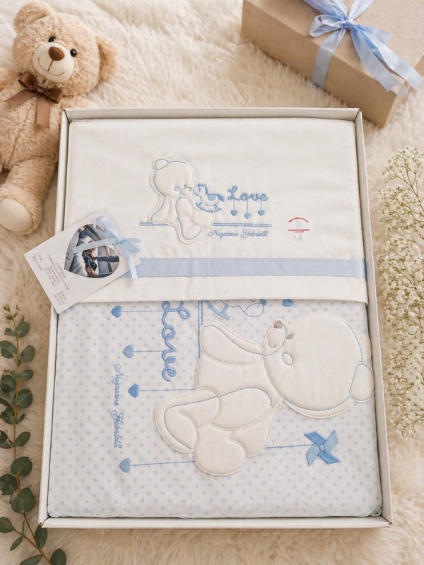 Baby Bettwäsche 4 teiliges Set Weiß Blau