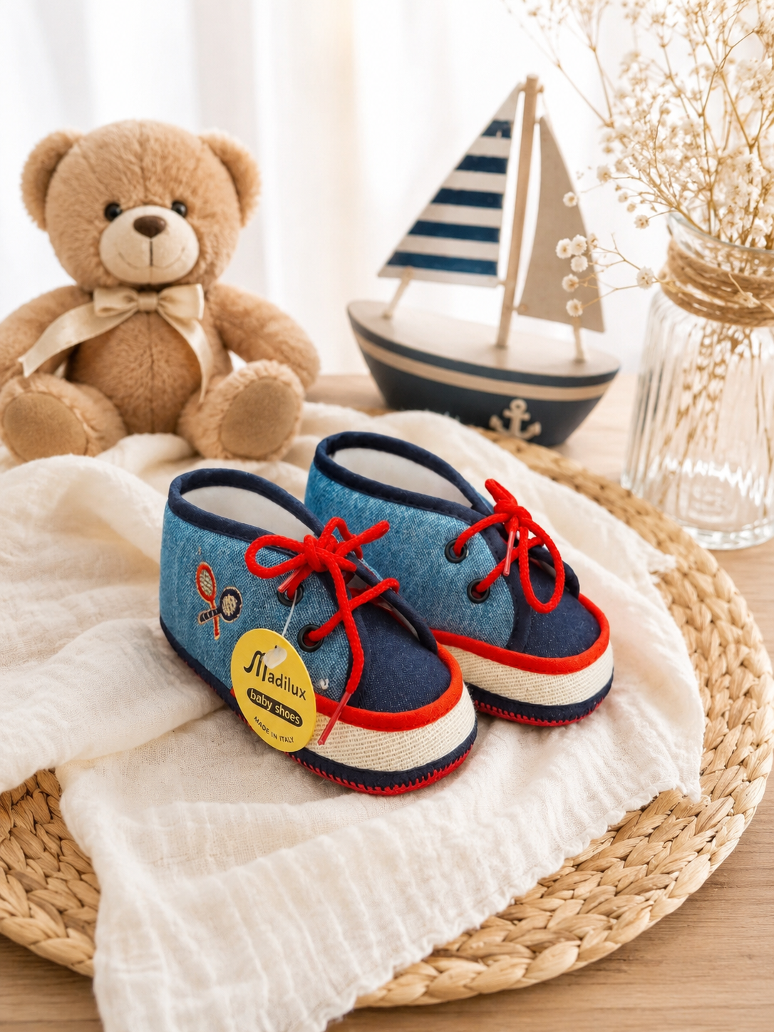 Baby Schuhe in Jeansoptik Blau-Rot – Weiche Erstlingsschuhe Made in Italy