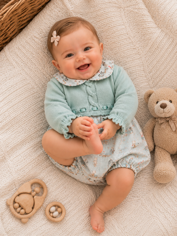Baby-Set mit Strickoberteil und Blumenmuster mit Tiermotiven – Mintgrün