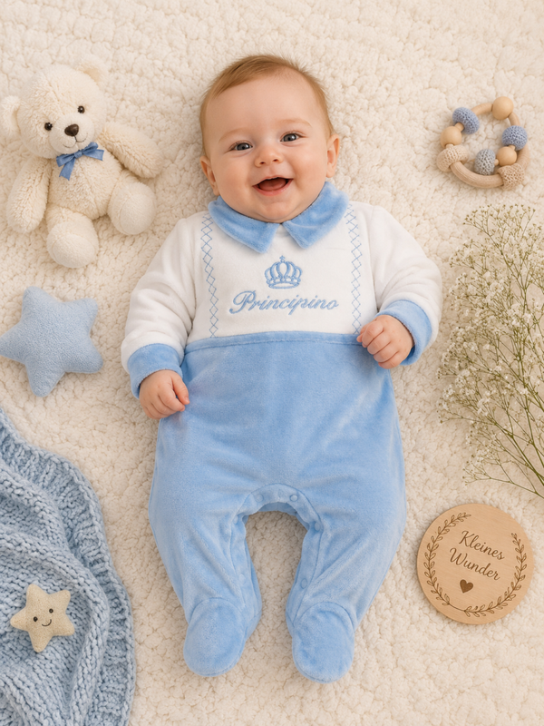 Chenille Baby -Strampler„Principino“  Hellblau/Weiß