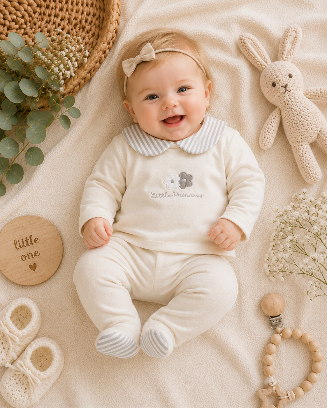 Elegantes Baby-Set in Creme mit Streifenkragen & Stickerei