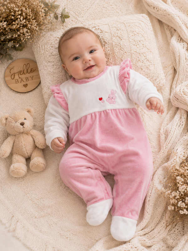 Chenille Baby Strampler Rosa-Weiß mit Rüschen