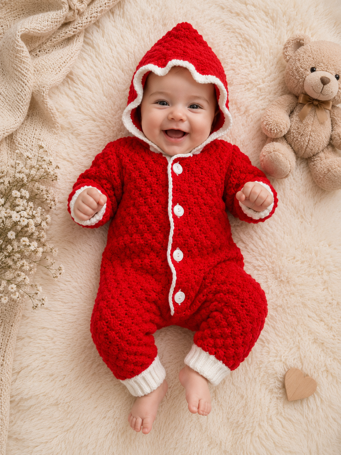 ❤️ Gestrickter Baby-Strampler mit Kapuze in Rot-Weiß ❤️