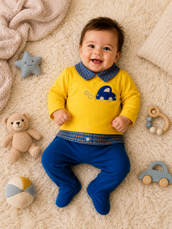 Baby 2Teiler mit Auto -Motiv in Gelb/ Blau