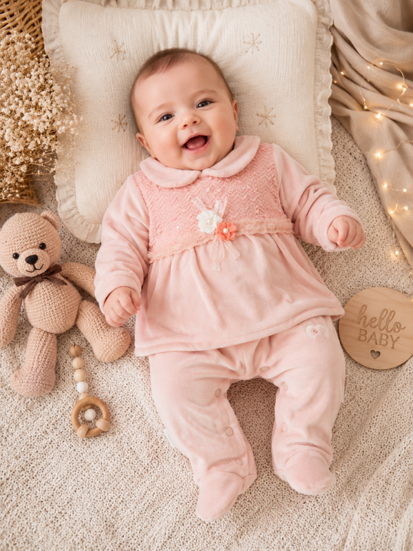 Baby-Strampler mit Spitzenbesatz & Blumenapplikation – Eleganter Chenille-Strampler in Rosa