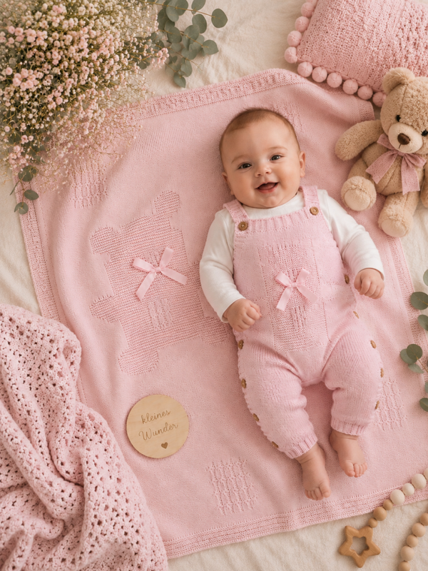 Baby Geschenkset Rosa – Strickdecke & Strick-Latzhose mit Schleifendetail