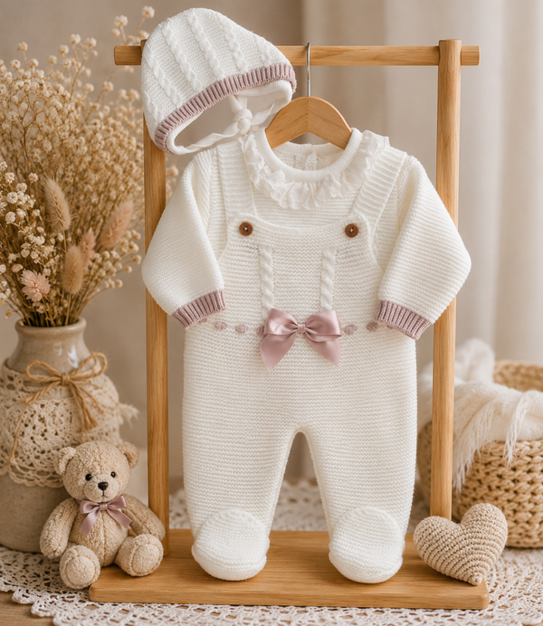 🤍 Baby Strick-Strampler Set mit Mütze