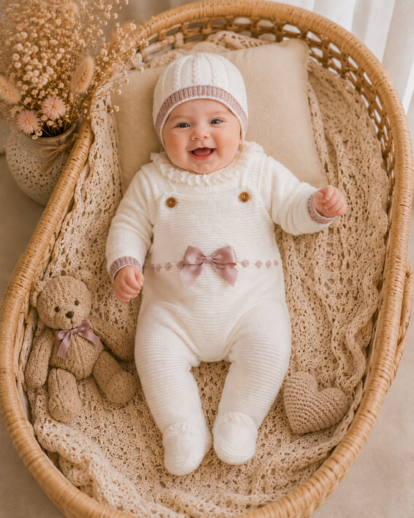 🤍 Baby Strick-Latzhosen-Strampler Set mit Mütze