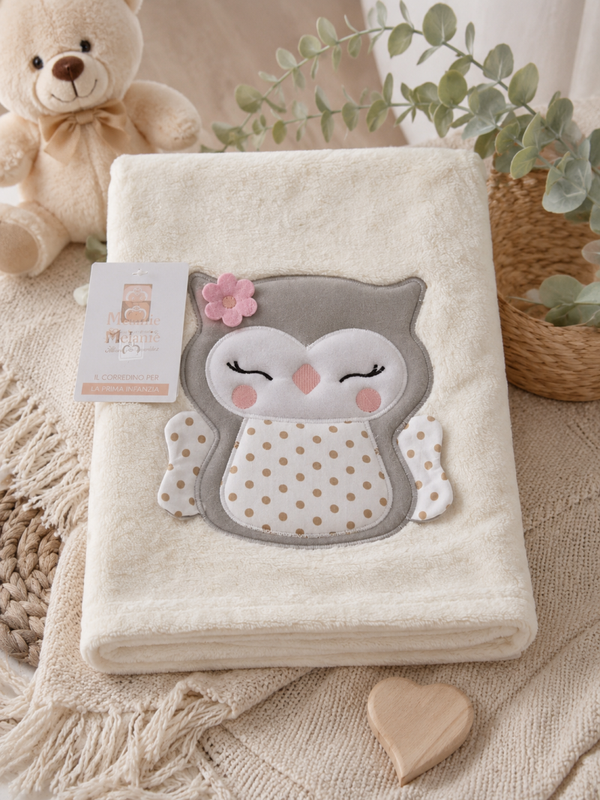 🦉 Kuschelige Babydecke mit Eulenmotiv – Cremeweiße Babydecke für Mädchen