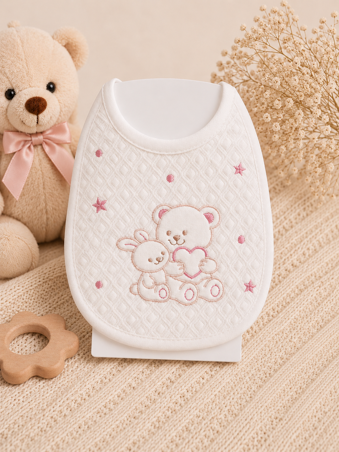 Baby-Lätzchen mit Teddybär & Häschen – Weiß/Rosa