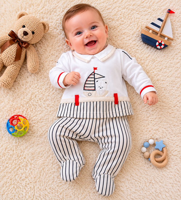 Baby Jungen 2-teiliges Matrosen-Set mit Segelboot-Motiv | Langarm Oberteil & Fußhose
