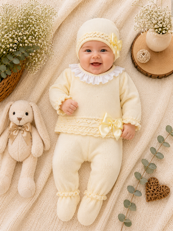 Zartes Baby-Strickset in Sanften Gelbton mit Rüschen und Schleife