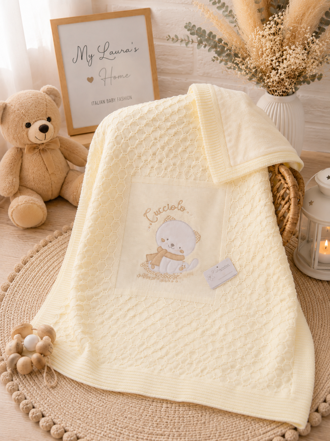 Copertina culla doppiata con Sherpa – Panna con ricamo Cucciolo