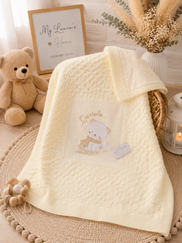 Copertina culla doppiata con Sherpa – Panna con ricamo Cucciolo