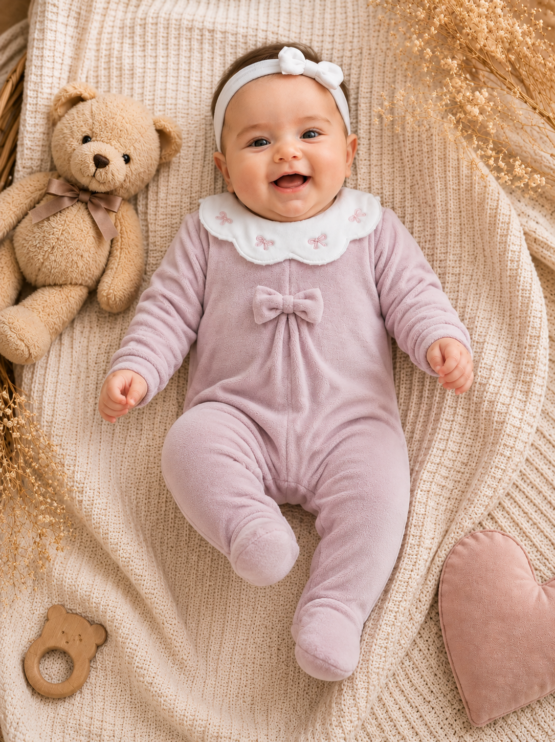 Baby-Strampler aus Chenille mit Schleife – Zartes Flieder