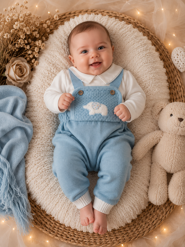 Baby Jungen Strick-Latzhosen Set „Little Elefant– Hellblau mit Poloshirt