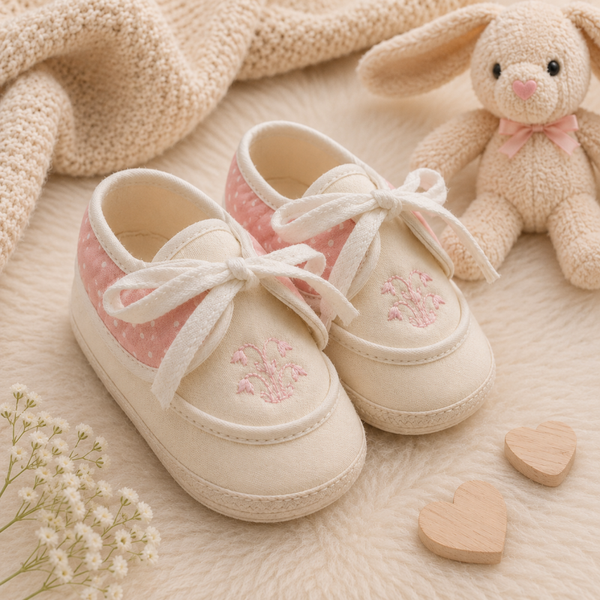 🌸 Baby Schuhe „Sweet Blossom“ in Beige & Rosa mit Schleife 🌸