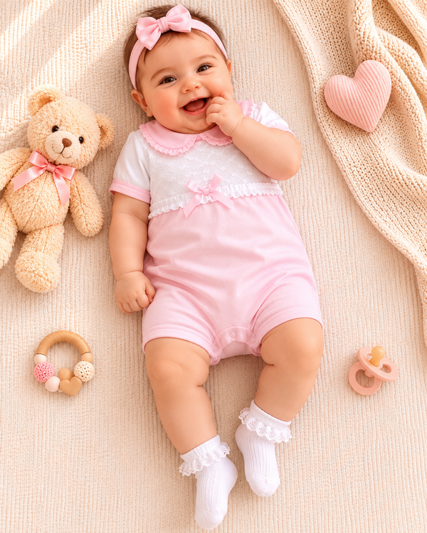 Eleganter Baby Strampler Rosa-Weiß – Süßer Einteiler mit Rüschen & Schleife für Mädchen