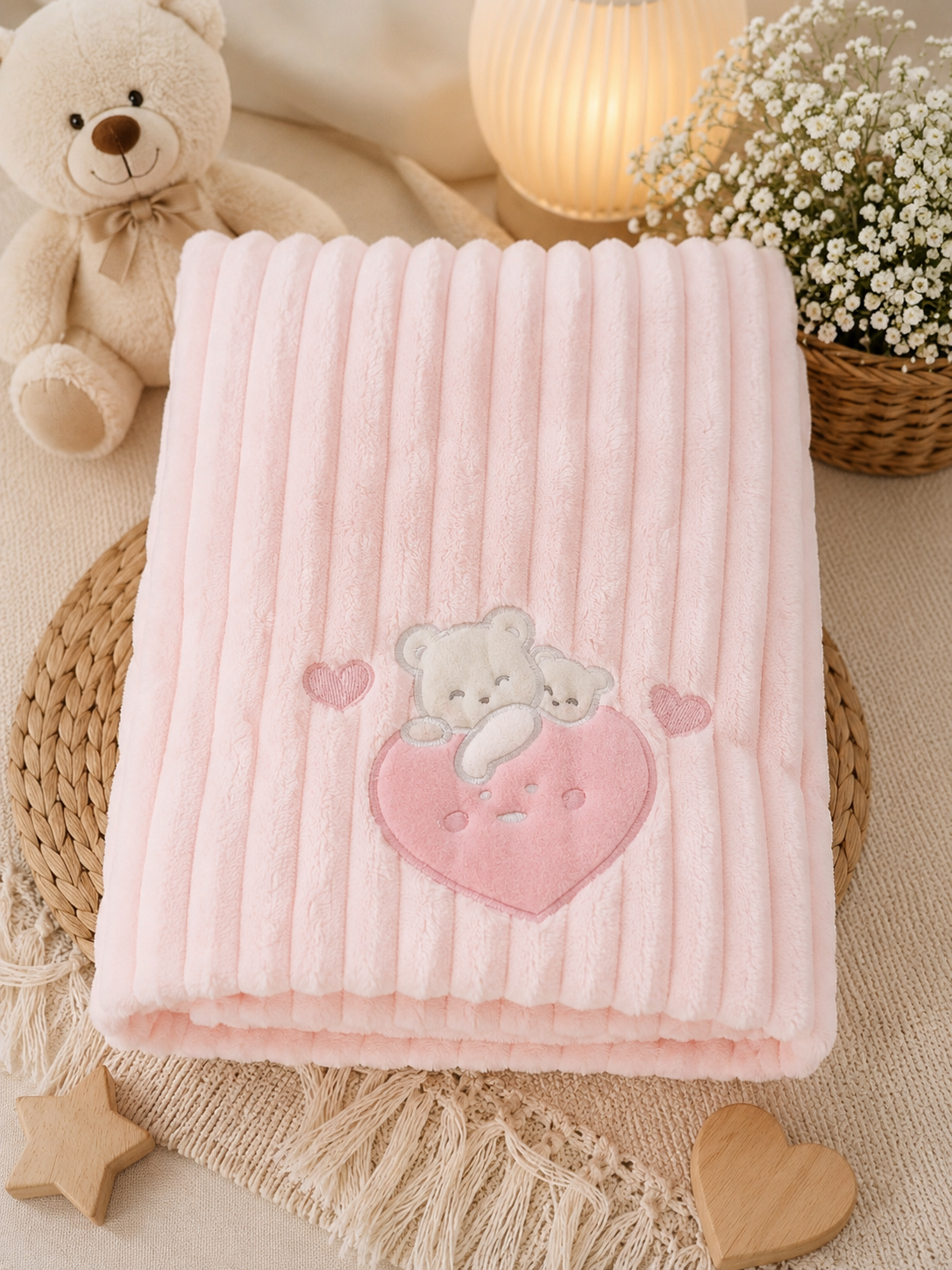 💕 Kuschelige Babydecke Rosa mit Teddybär & Herz