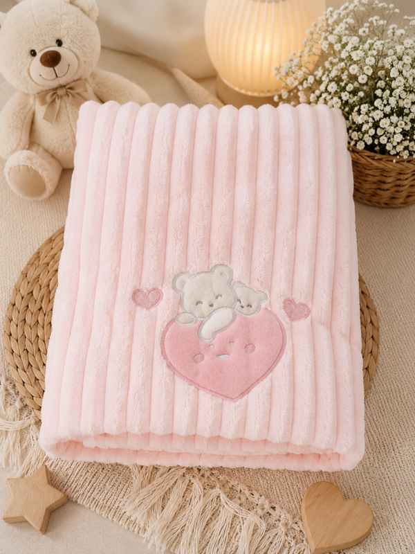 💕 Kuschelige Babydecke Rosa mit Teddybär & Herz