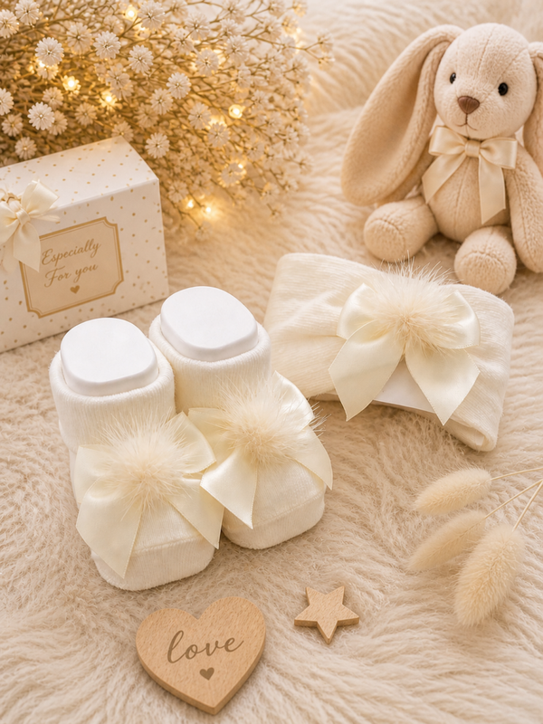 Baby Geschenkset – Stirnband & Babyschuhe mit Schleife