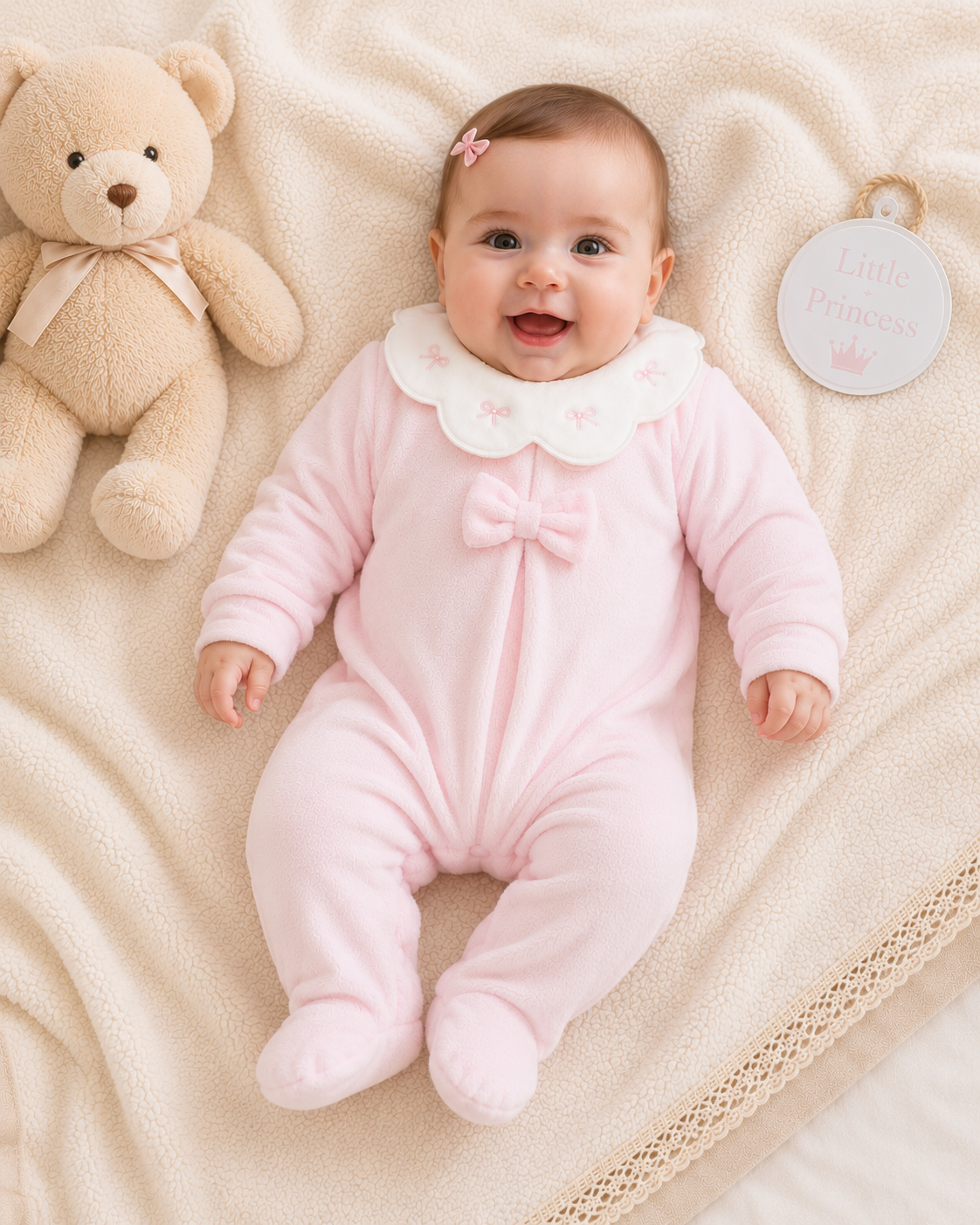🌸 Baby Mädchen Chenille Strampler Rosa mit Schleifenkragen